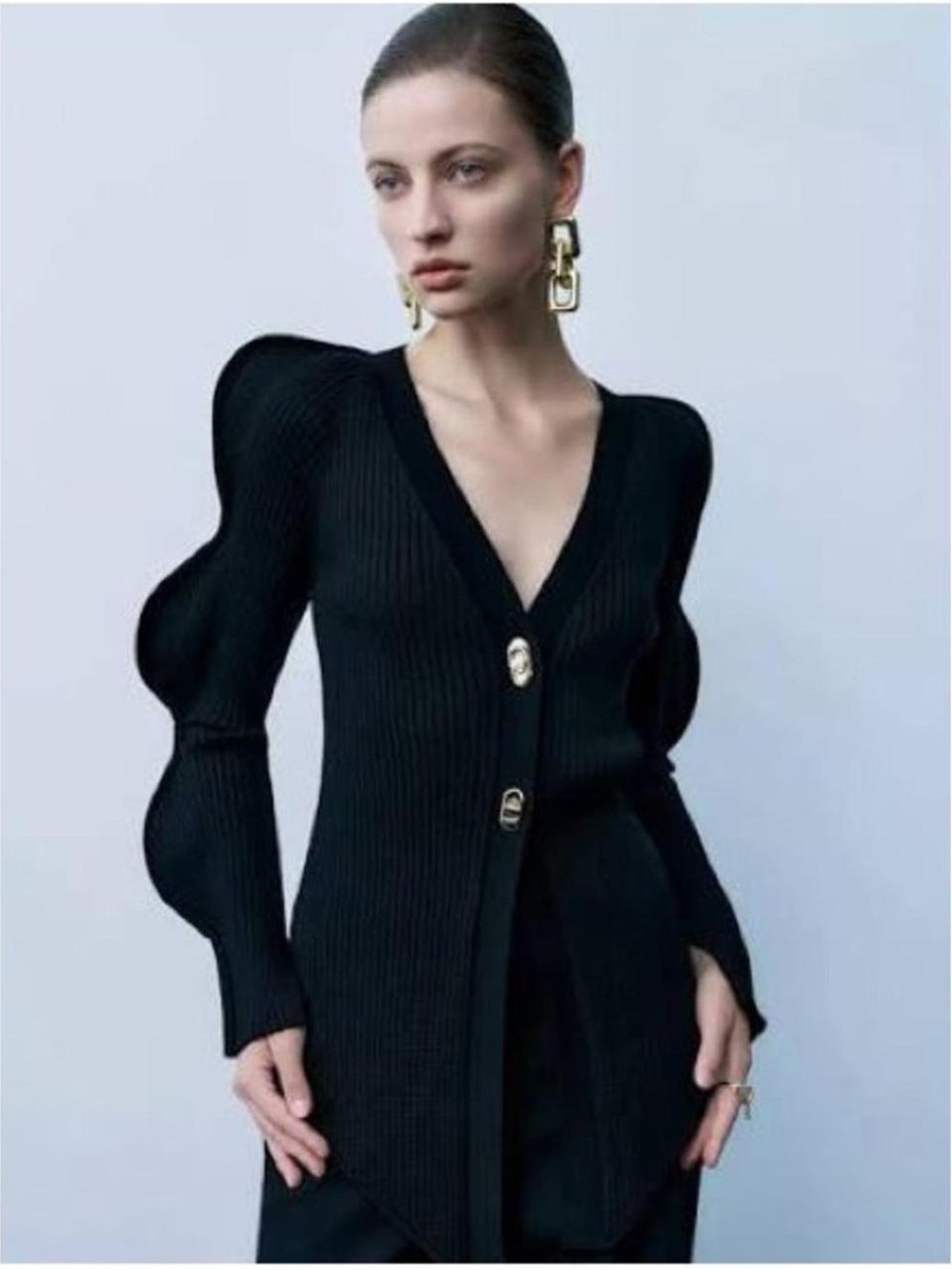 Sculpted Puff-Sleeve Black Ribbed V-Neck Cardigan